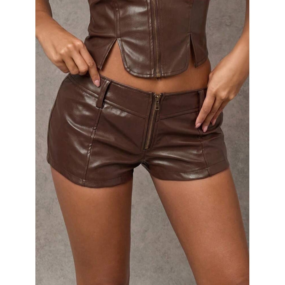 SHEIN Brown Faux Leather Micro Mini Shorts S Festival Going Out Moto Y2K Grunge